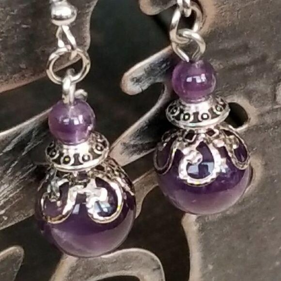 Victorian Lace Amethyst Gemstone Drop Earrings - Picture 1 of 4